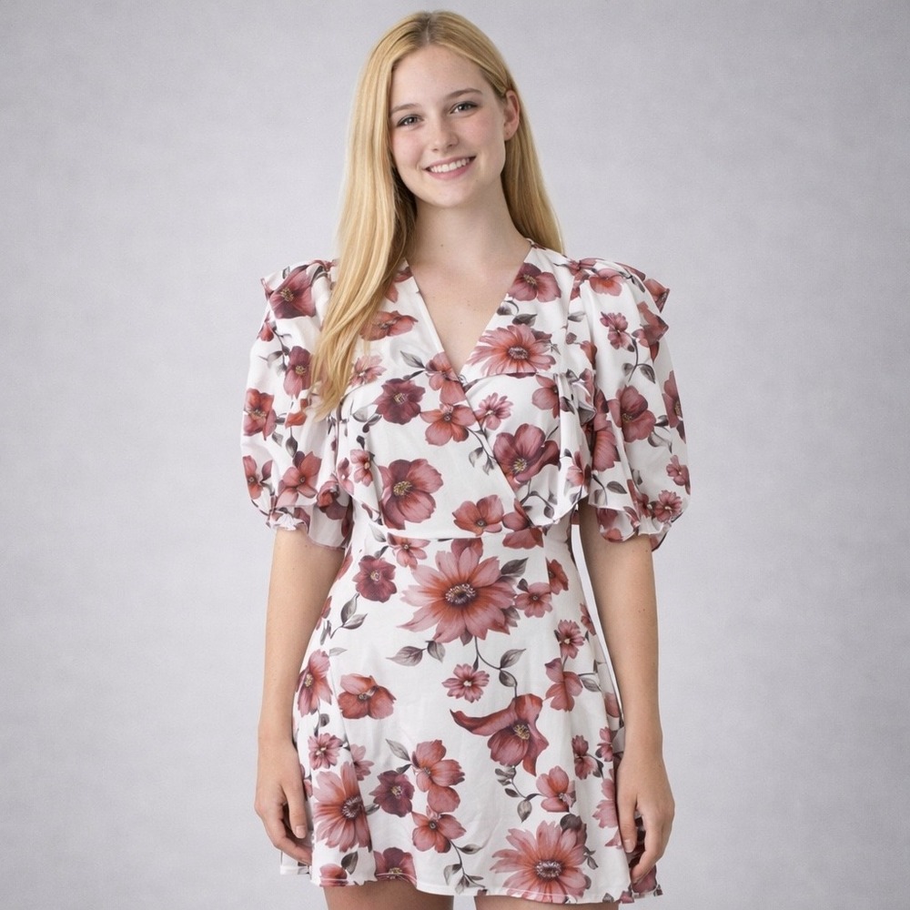 The Kooples Pastel Daisy Satin Wrap Dress Ruffle Puff Sleeve Mini Size Small NWT